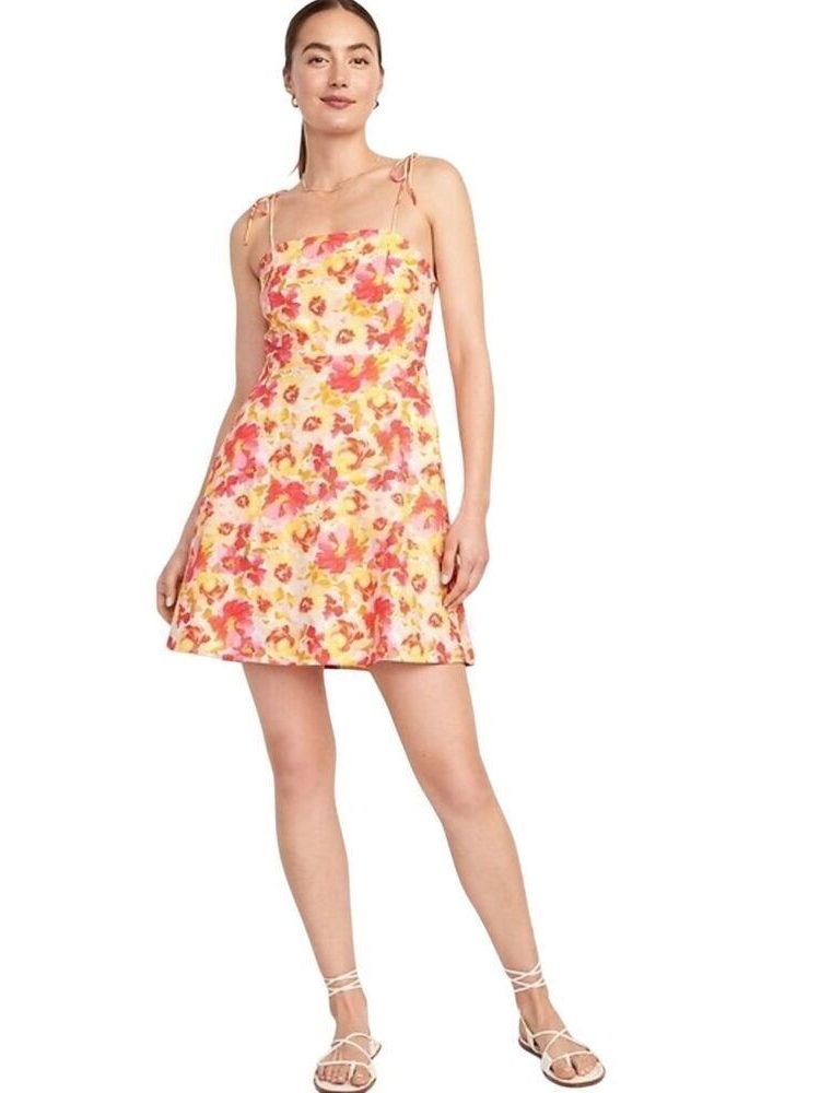 Old Navy Yellow And Pink Floral Tie-Shoulder Mini Dress